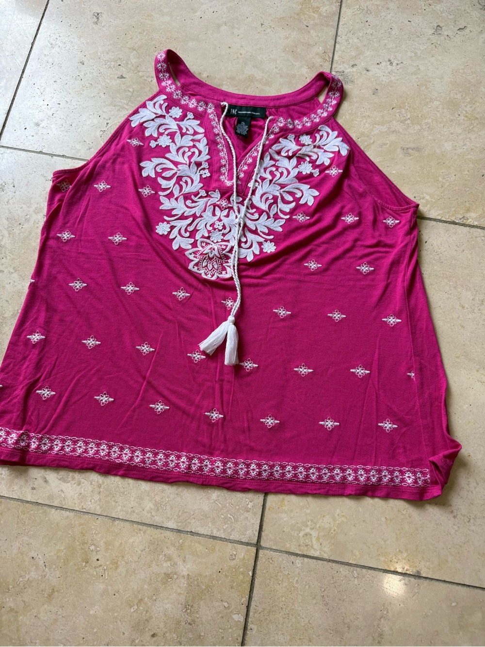 INC International Concepts Fuchsia Embroidered Cold-Shoulder Tank with Tassels